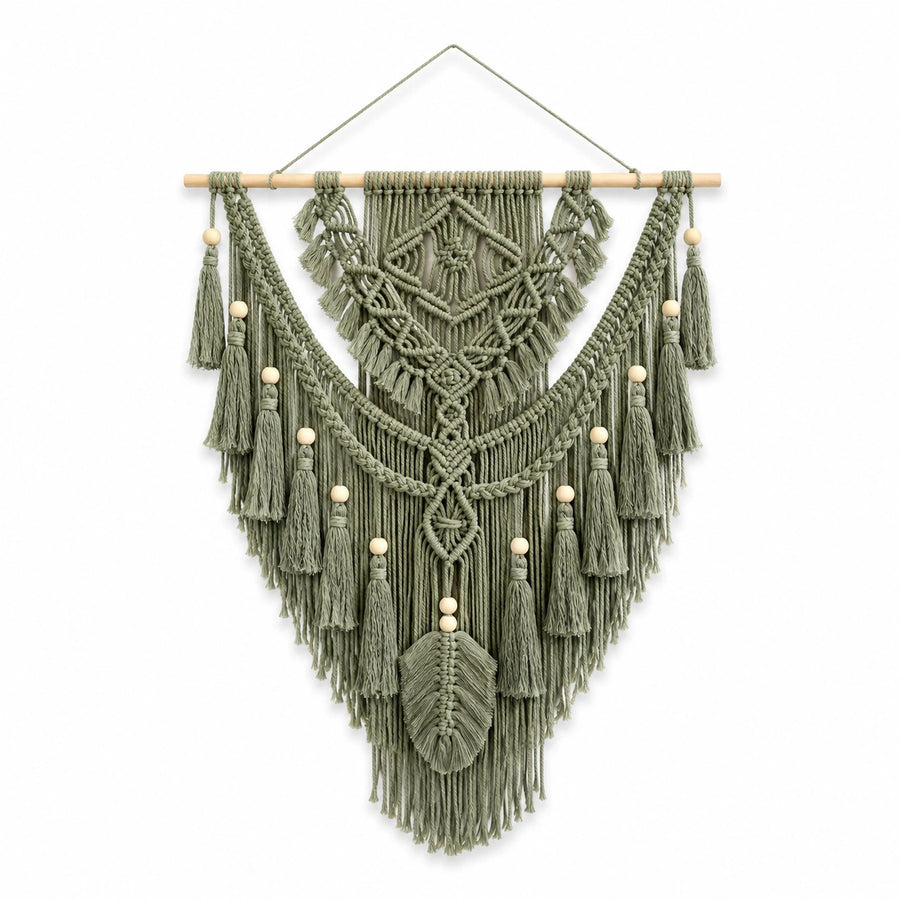 Tapisserie murale en macramé 60 x 100 cm vert sauge en coton style bohème