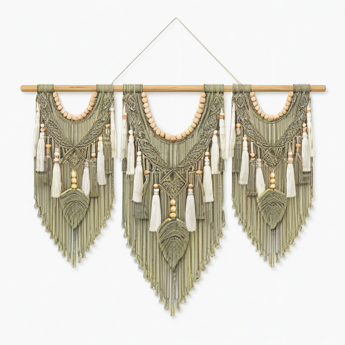 Tenture murale en macramé 110 x 95 cm vert sauge et écru style bohème