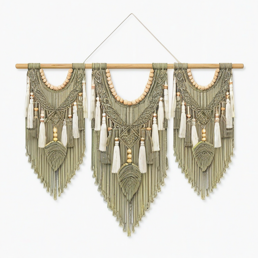 Tenture murale en macramé 110 x 95 cm vert sauge et écru style bohème