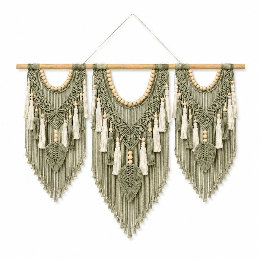 Tenture murale en macramé 110 x 95 cm vert sauge et écru style bohème