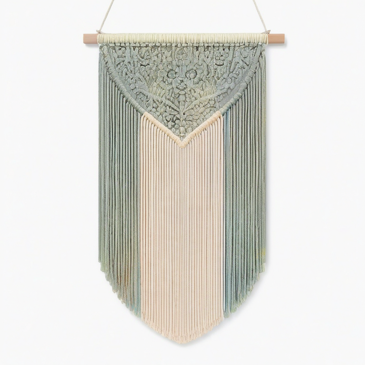 Tenture murale 50 x 90 cm en coton vert sauge et écru style bohème à franges