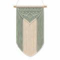 Tenture murale 50 x 90 cm en coton vert sauge et écru style bohème à franges