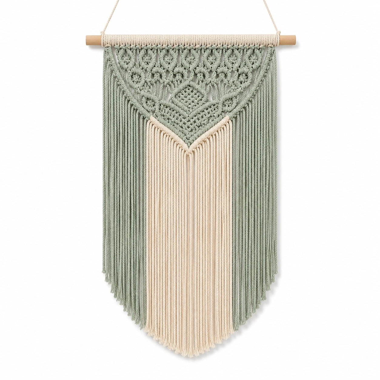 Tenture murale 50 x 90 cm en coton vert sauge et écru style bohème à franges