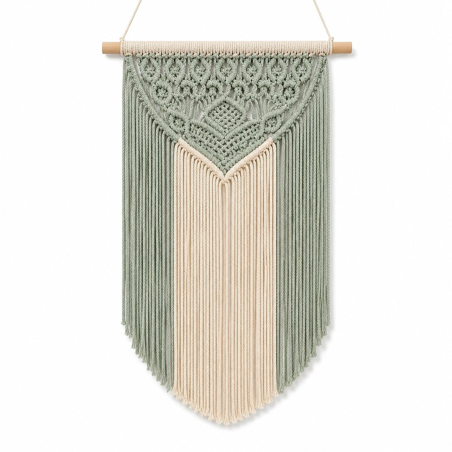 Tenture murale 50 x 90 cm en coton vert sauge et écru style bohème à franges