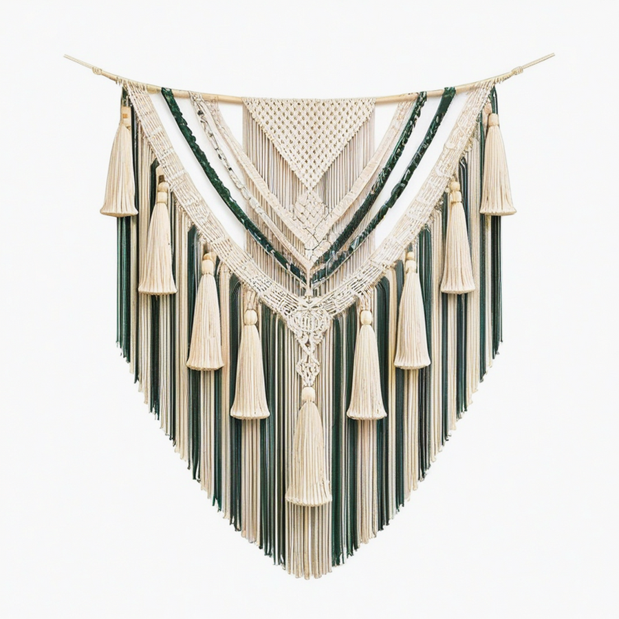 Tenture murale macramé 90 x 110 cm beige et vert style bohème