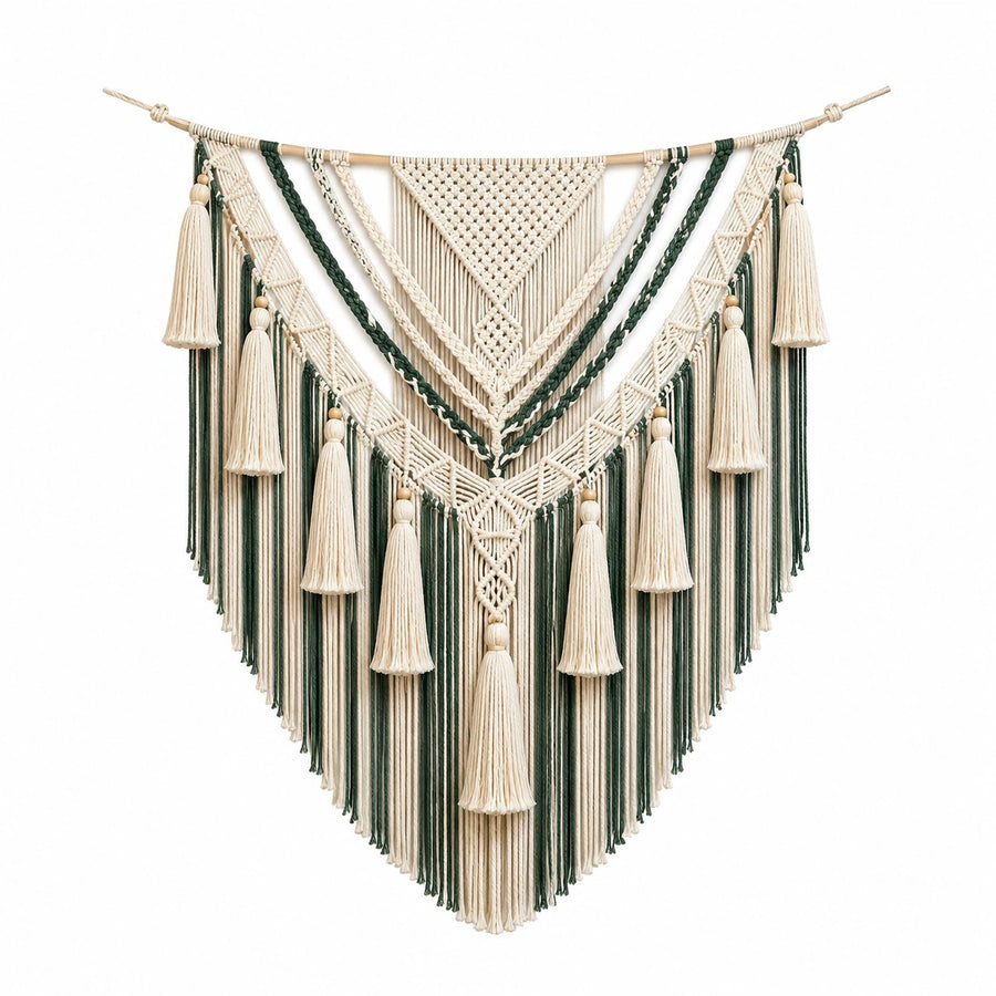 Tenture murale macramé 90 x 110 cm beige et vert style bohème