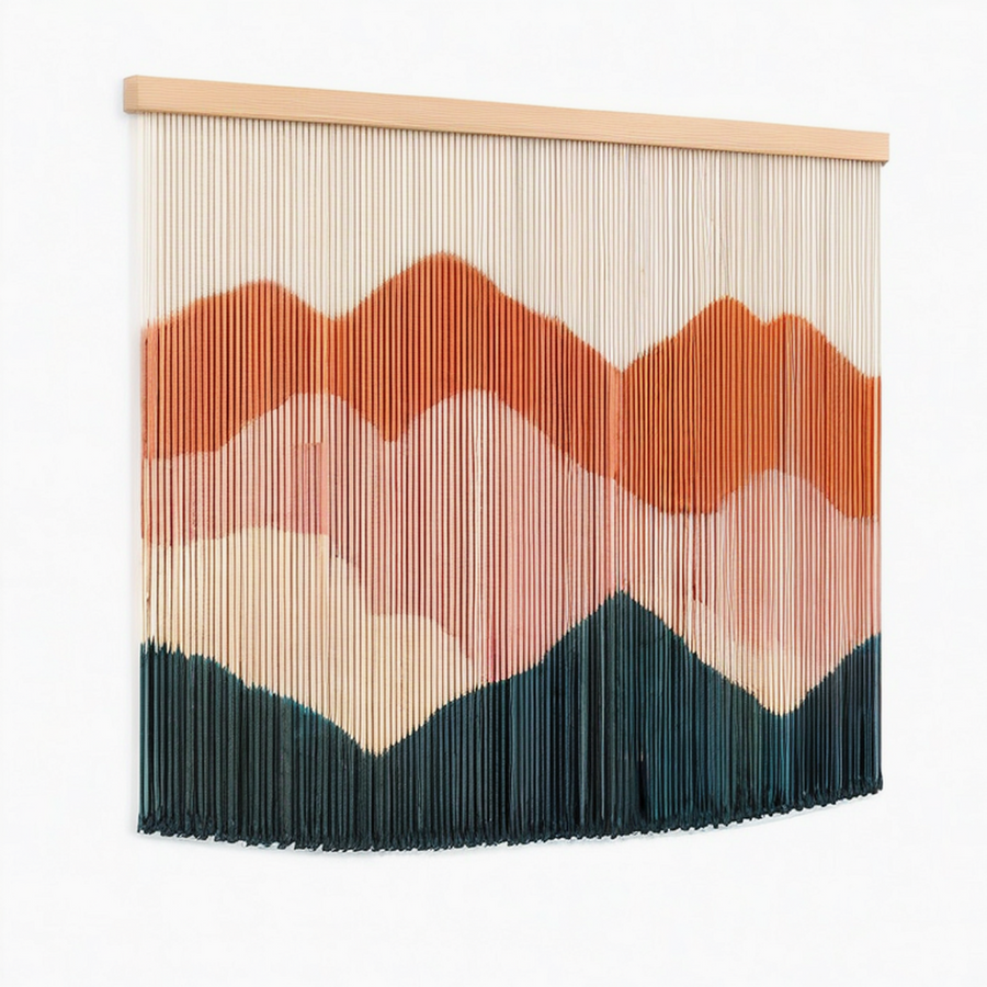 Tenture murale 90 x 100 cm en coton beige terracotta bleu motif montagnes style bohème