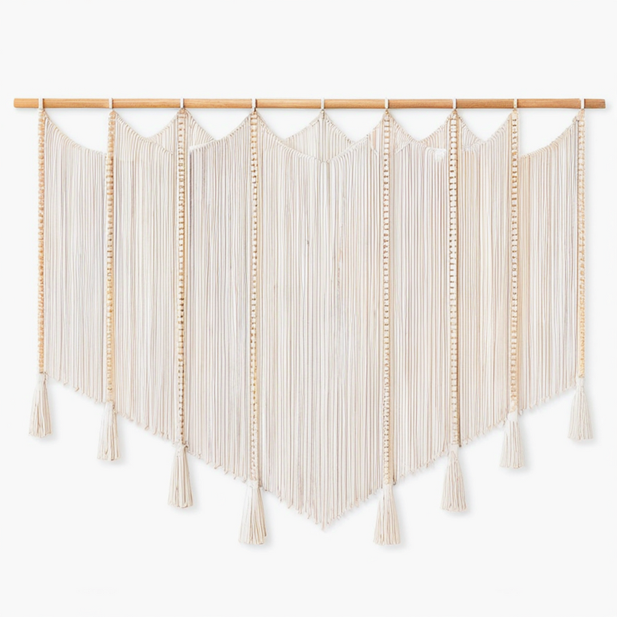 Tapisserie murale en macramé 150 x 120 cm coton beige avec tringle en bois style bohème