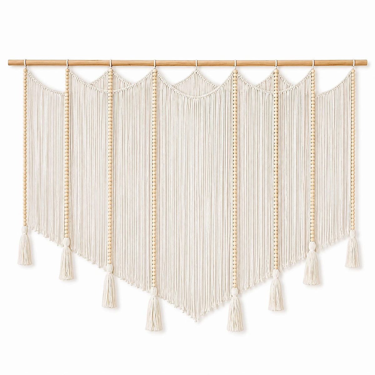 Tapisserie murale en macramé 150 x 120 cm coton beige avec tringle en bois style bohème