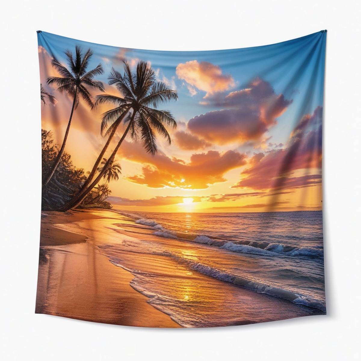 Tenture murale 150 x 130 cm en polyester bleu orange motif plage coucher de soleil décorative