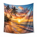 Tenture murale 150 x 130 cm en polyester bleu orange motif plage coucher de soleil décorative