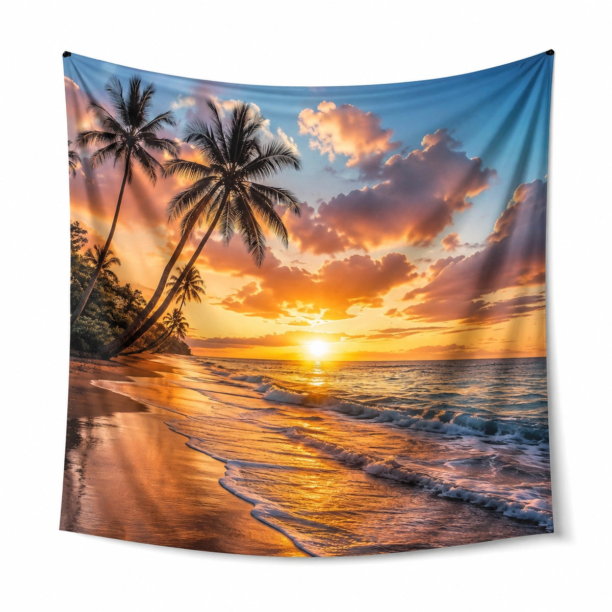 Tenture murale 150 x 130 cm en polyester bleu orange motif plage coucher de soleil décorative