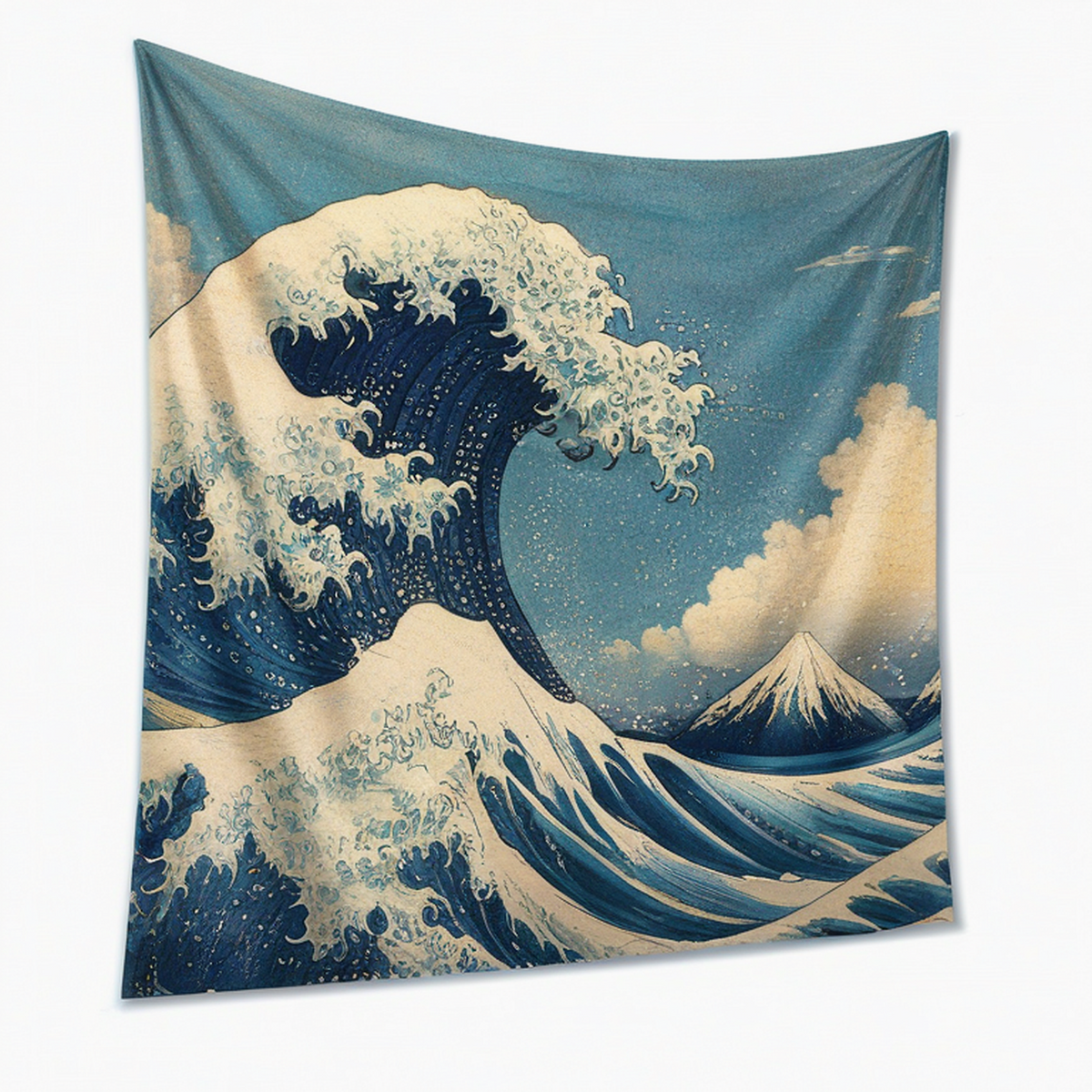 Tapisserie murale 150 x 130 cm en polyester bleu motif vagues et montagne décoration intérieure