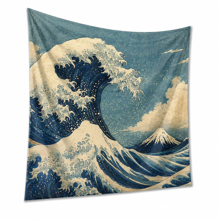 Tapisserie murale 150 x 130 cm en polyester bleu motif vagues et montagne décoration intérieure