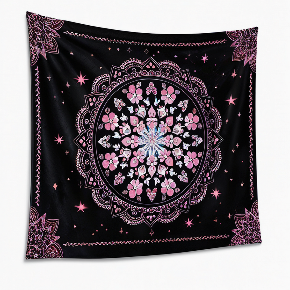 Tenture murale 150 x 150 cm en tissu noir rose motif mandala floral décorative