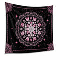 Tenture murale 150 x 150 cm en tissu noir rose motif mandala floral décorative