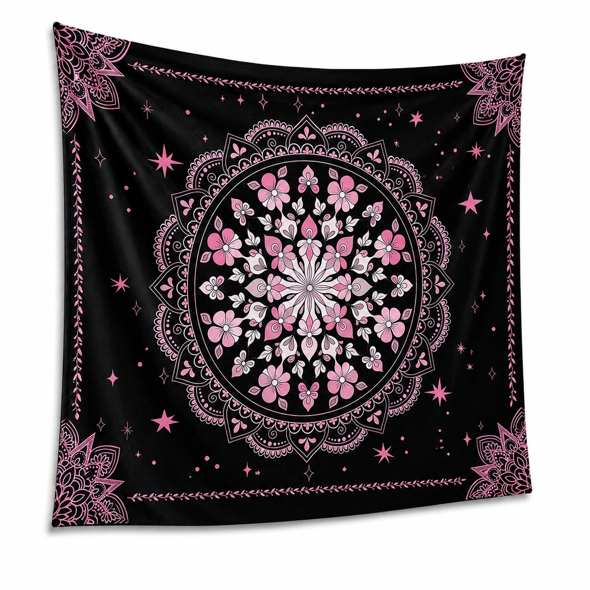 Tenture murale 150 x 150 cm en tissu noir rose motif mandala floral décorative