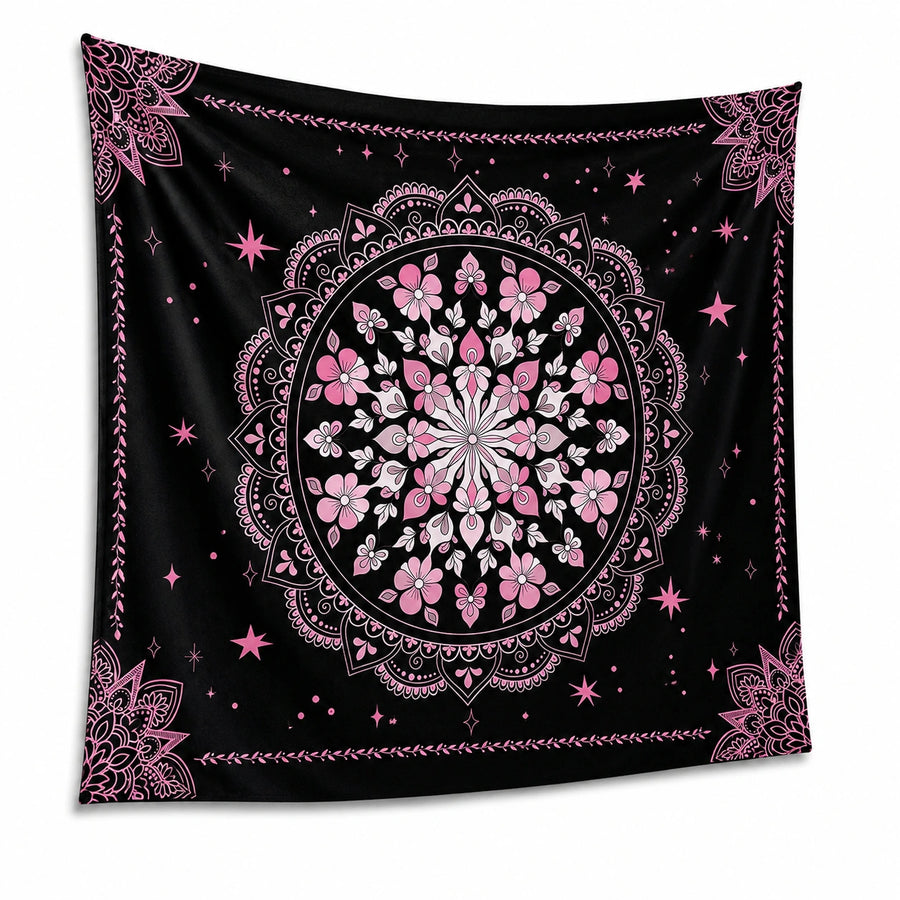 Tenture murale 150 x 150 cm en tissu noir rose motif mandala floral décorative