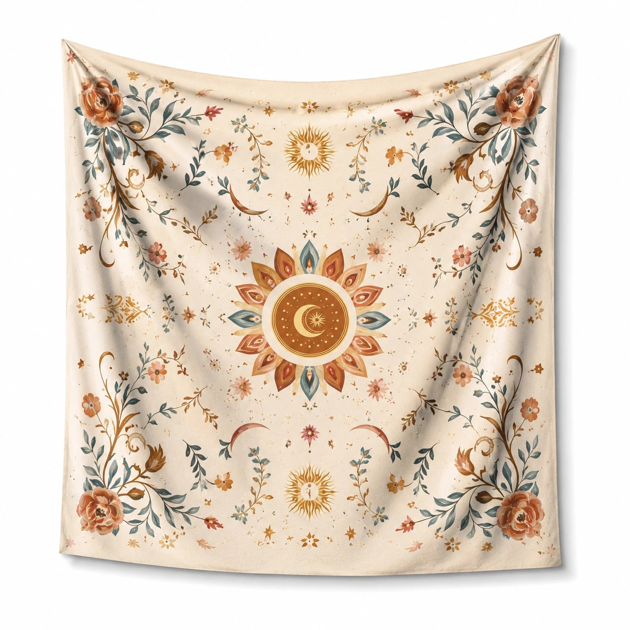 Tapisserie murale 150 x 130 cm en polyester beige à motifs floraux pour décoration bohème